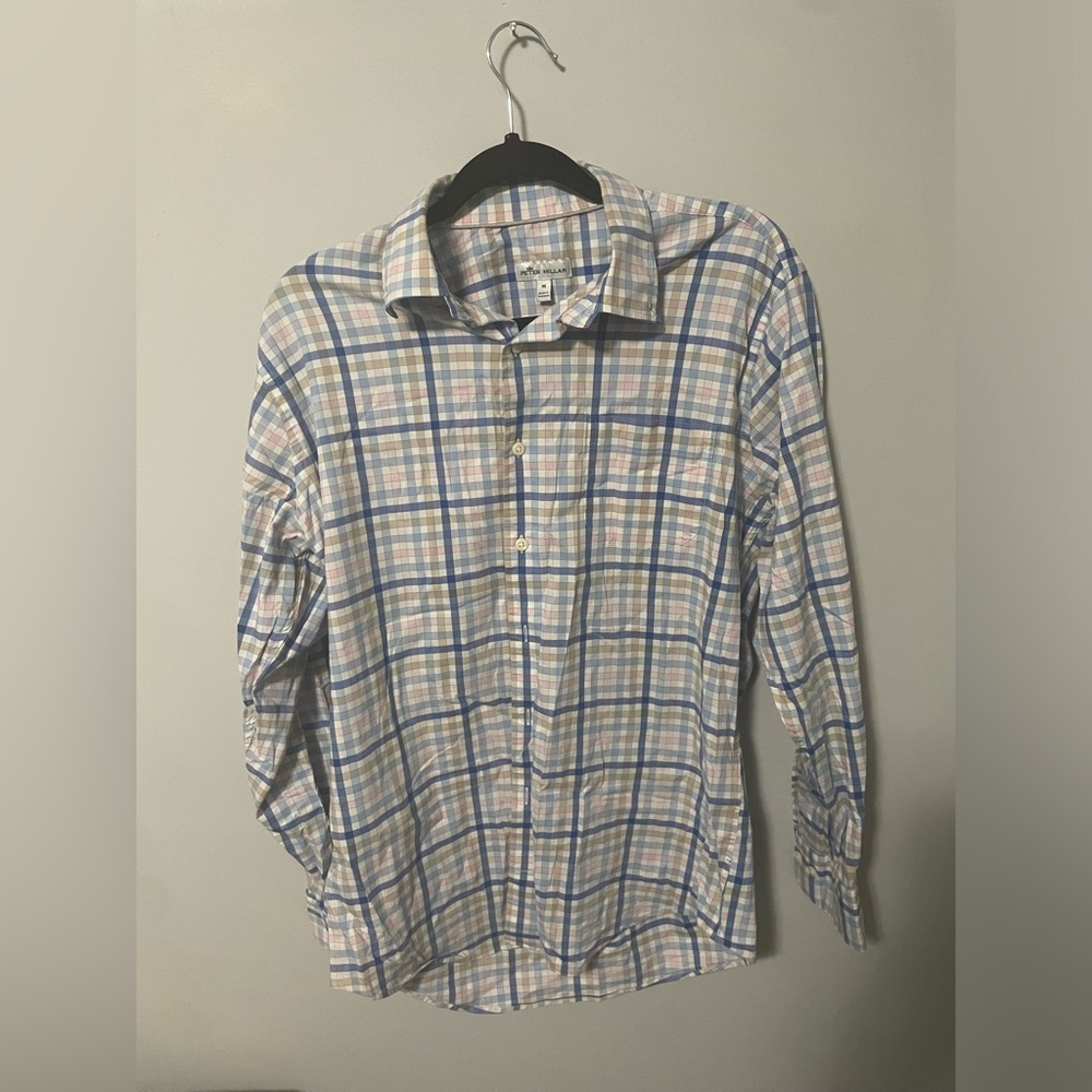 Peter Millar Blue and Pink Plaid Button Down Cotton Shirt